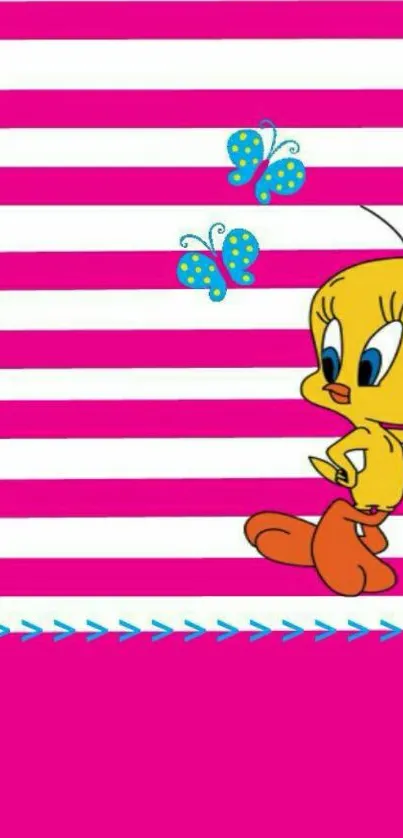 Colorful cartoon bird with pink stripes and butterflies on a lively background.