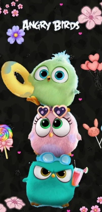 Adorable cartoon birds with colorful background on mobile wallpaper.