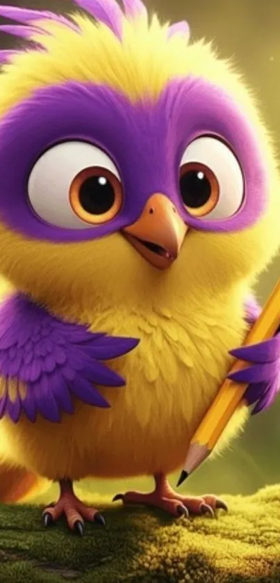 A cute cartoon bird in purple and yellow holding a pencil.