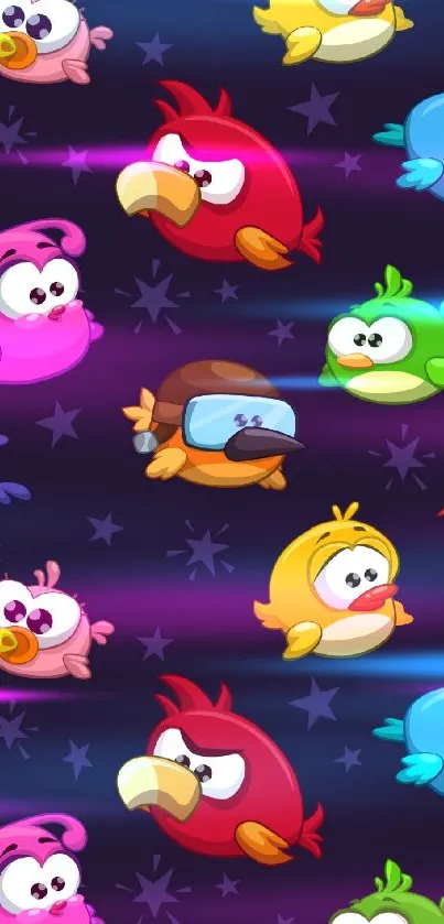 Colorful cartoon birds on a dark wallpaper.