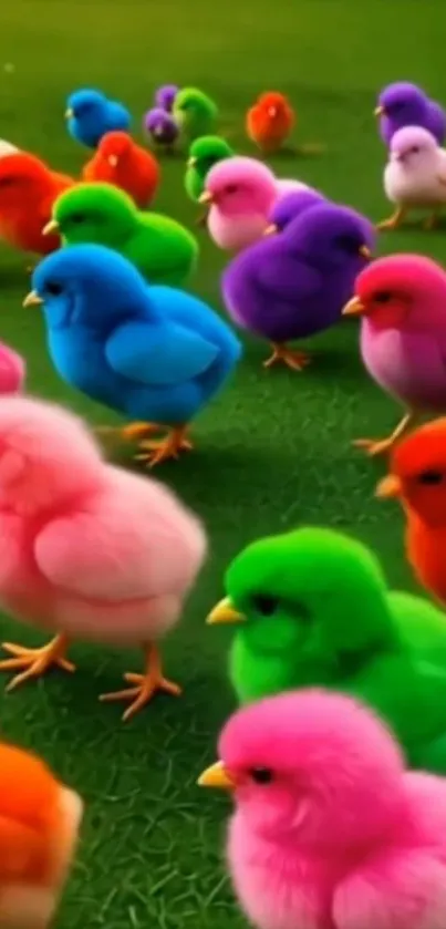 A colorful flock of cartoon birds on green grass.