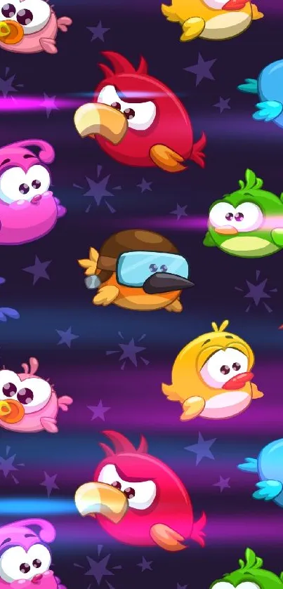 Cartoon birds on a dark purple background with stars.