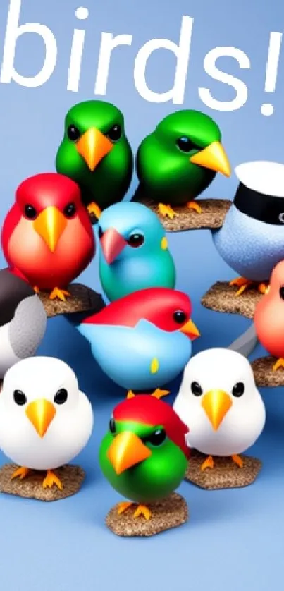 Colorful cartoon birds with vibrant designs on a sky blue background.