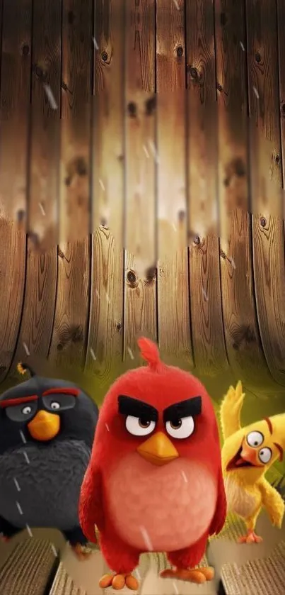 Colorful cartoon birds with a wooden backdrop, perfect for mobile wallpaper.