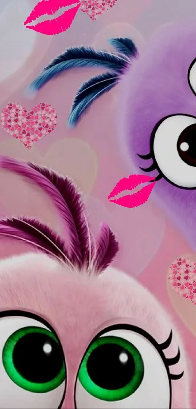 Vibrant cartoon birds with colorful feathers on a mobile wallpaper design.