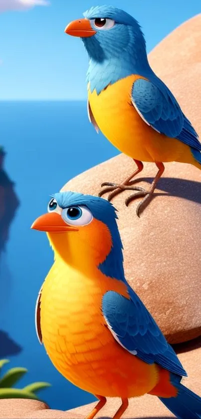 Cartoon birds perched on rocks with a blue ocean background.