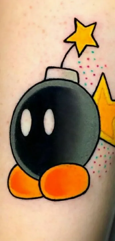 Cartoon bomb tattoo with stars and orange highlights.