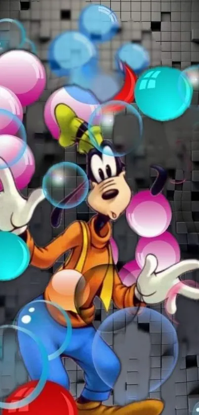 Cartoon character surrounded by colorful bubbles on a black background