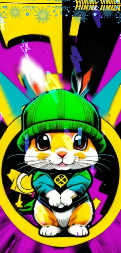 Bright neon cartoon bunny wearing a green hat in a colorful design.