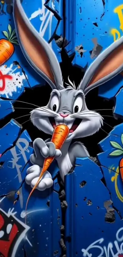 Cartoon bunny peeking through blue graffiti wall with carrots.