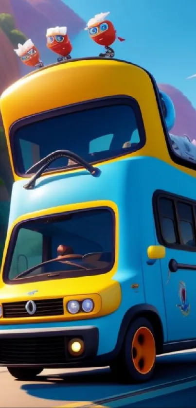 Vibrant cartoon bus with quirky characters atop, set on a scenic road.