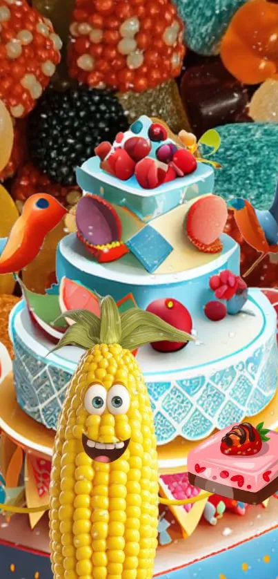 Vibrant cartoon cake theme with colorful designs and cheerful corn character.