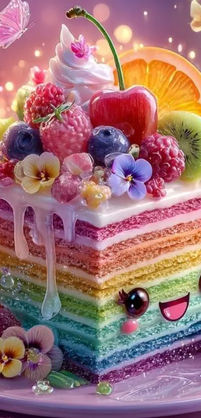 A colorful cartoon cake with fruits and flowers on a pink background.