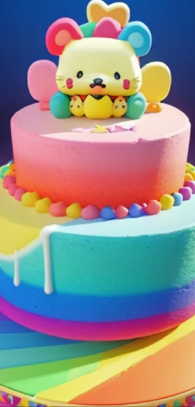 Colorful cartoon cake with a cute character on a vibrant rainbow-themed background.