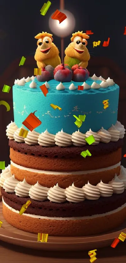 Cartoon-style tiered cake with fun animal toppers.
