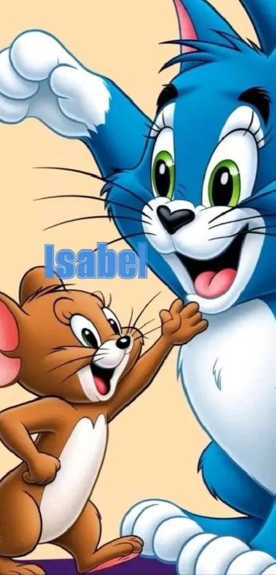 Playful cartoon cat and mouse on wallpaper.