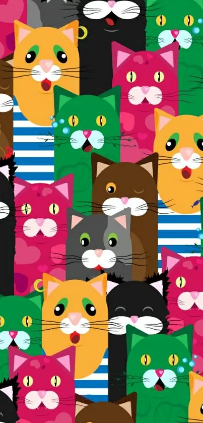 Colorful cartoon cat wallpaper with striped background.