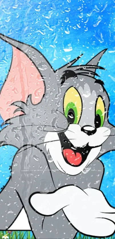 Cartoon cat with raindrop effect on sky blue background.