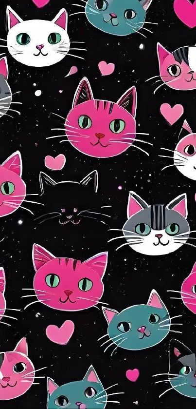 Vibrant cartoon cats with cosmic theme on black background.