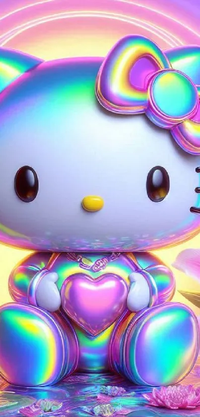 Colorful cartoon cat with rainbow hues and a bow, perfect for phone wallpaper.