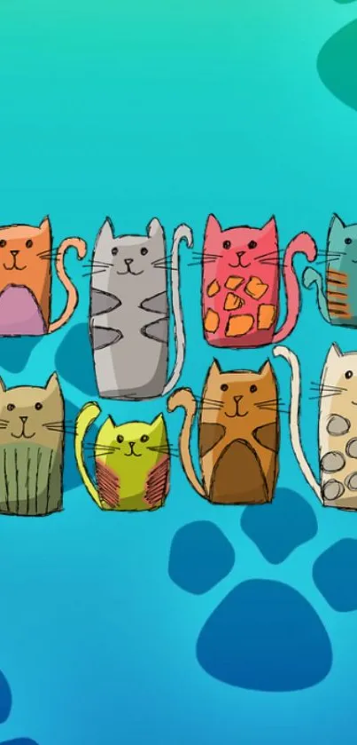 Colorful cartoon cats on a teal background.