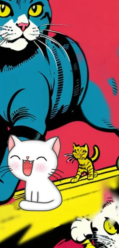 Vibrant cartoon cats in colorful artwork.