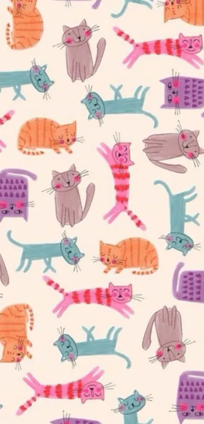 Colorful cartoon cats on cream background wallpaper.