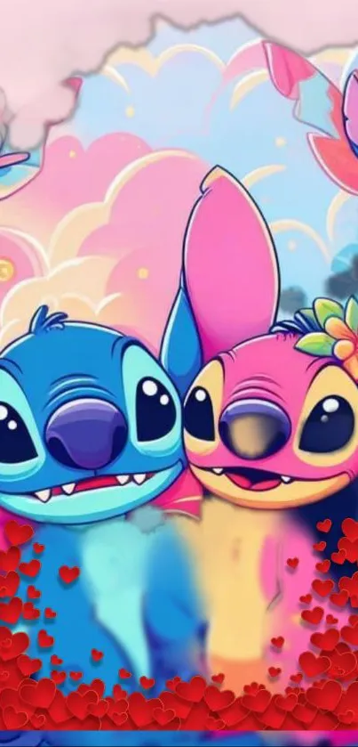 Vibrant cartoon characters with blue and pink hues, hearts in foreground.