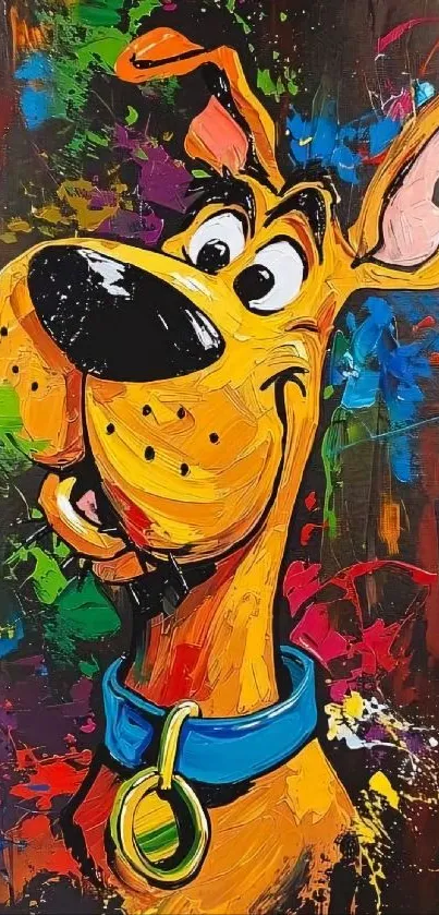 Colorful cartoon dog with abstract background.