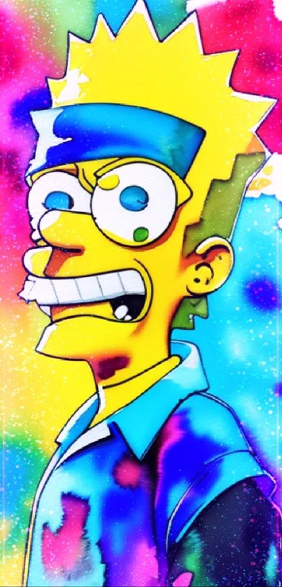 Vibrant cartoon character with colorful background.