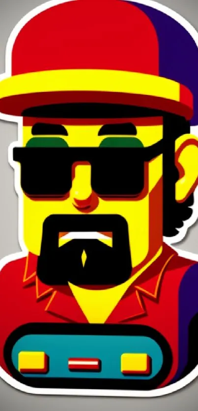 Vibrant cartoon character with bold colors, wearing a red cap and sunglasses.