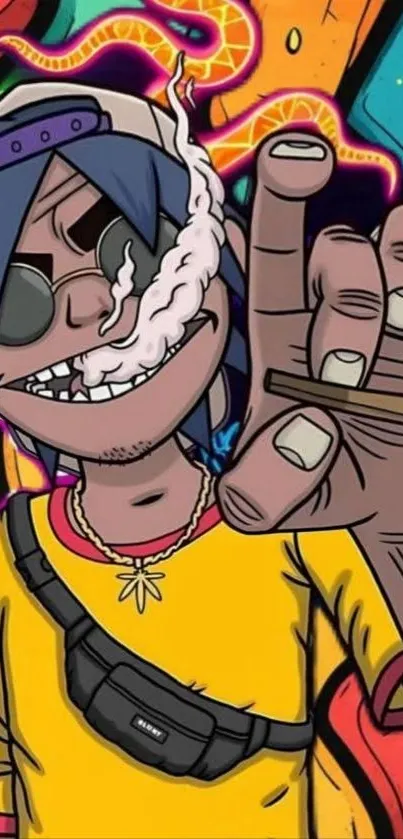 A vibrant cartoon character with colorful graffiti in the background.