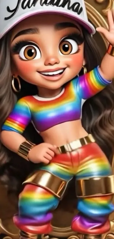 Colorful cartoon character in rainbow attire with gold accents.