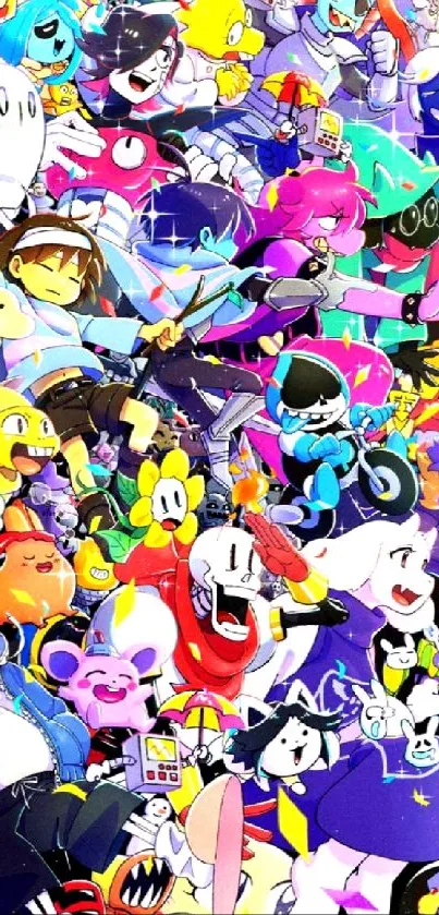 Vibrant collage of colorful cartoon characters in an artistic design.