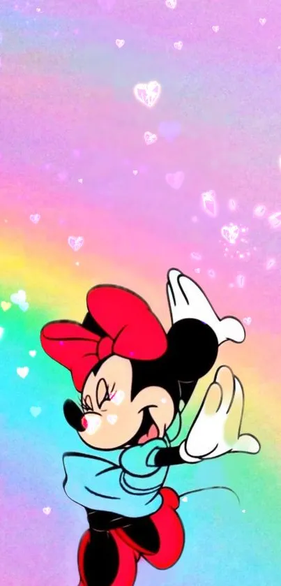 Cartoon character with a rainbow and hearts in vibrant colors on wallpaper.