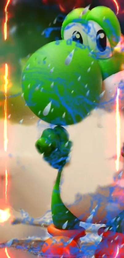 Cartoon character with green and blue hues on textured path.