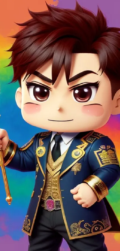 Cartoon character with torch and colorful background.