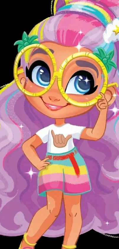 Colorful cartoon character with purple hair and large glasses.