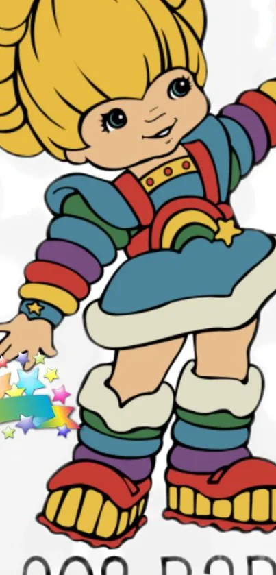 Cartoon character in colorful outfit with rainbow and stars.