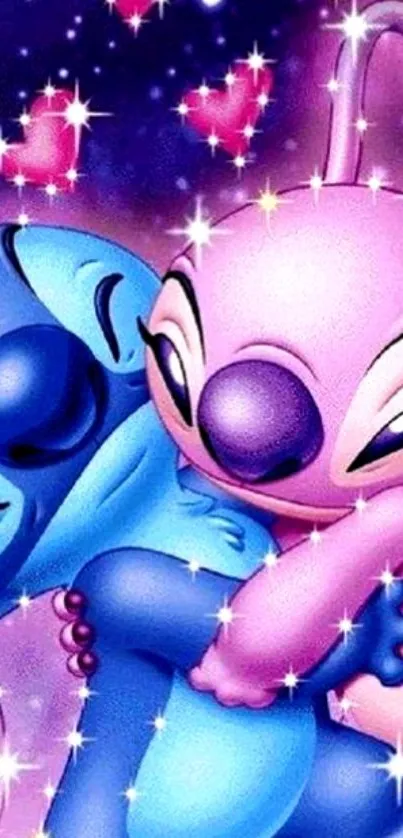 Colorful cartoon characters hugging with sparkling hearts.