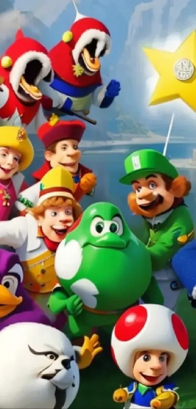 Vibrant cartoon characters wallpaper with colorful parade and playful theme.
