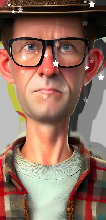 Cartoon character with plaid shirt and glasses adorned with stars.