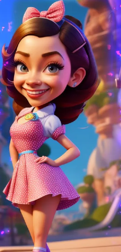 Cartoon girl in a pink dress in a whimsical, animated landscape.