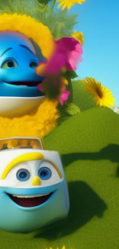 Vibrant cartoon characters with sunflowers and green landscape.