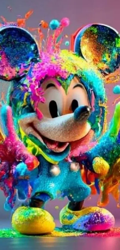 Colorful cartoon character with vibrant paint splash effects.