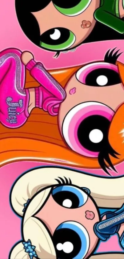 Cartoon character trio on pink background with vibrant colors.