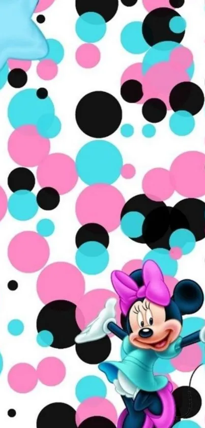 Cartoon character on pink and blue polka dot wallpaper.