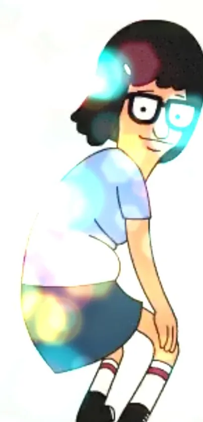 Cartoon character with colorful lights on a bright background.