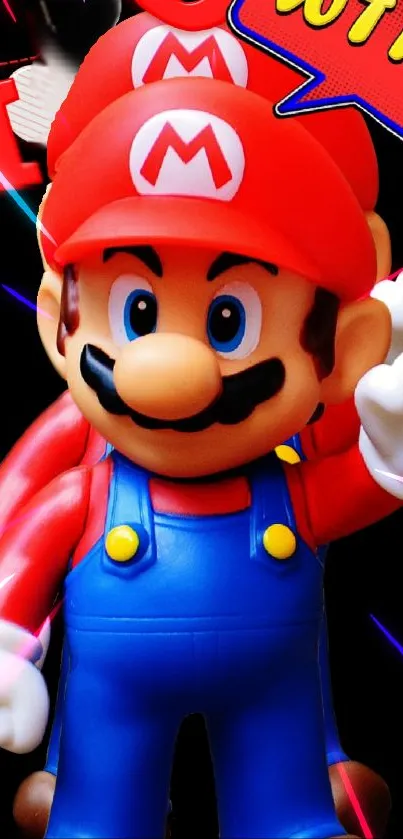 Colorful cartoon character with red hat and blue overalls on a black background.