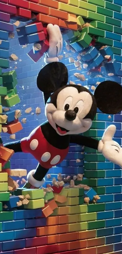 Classic cartoon character breaks through vibrant brick wall.